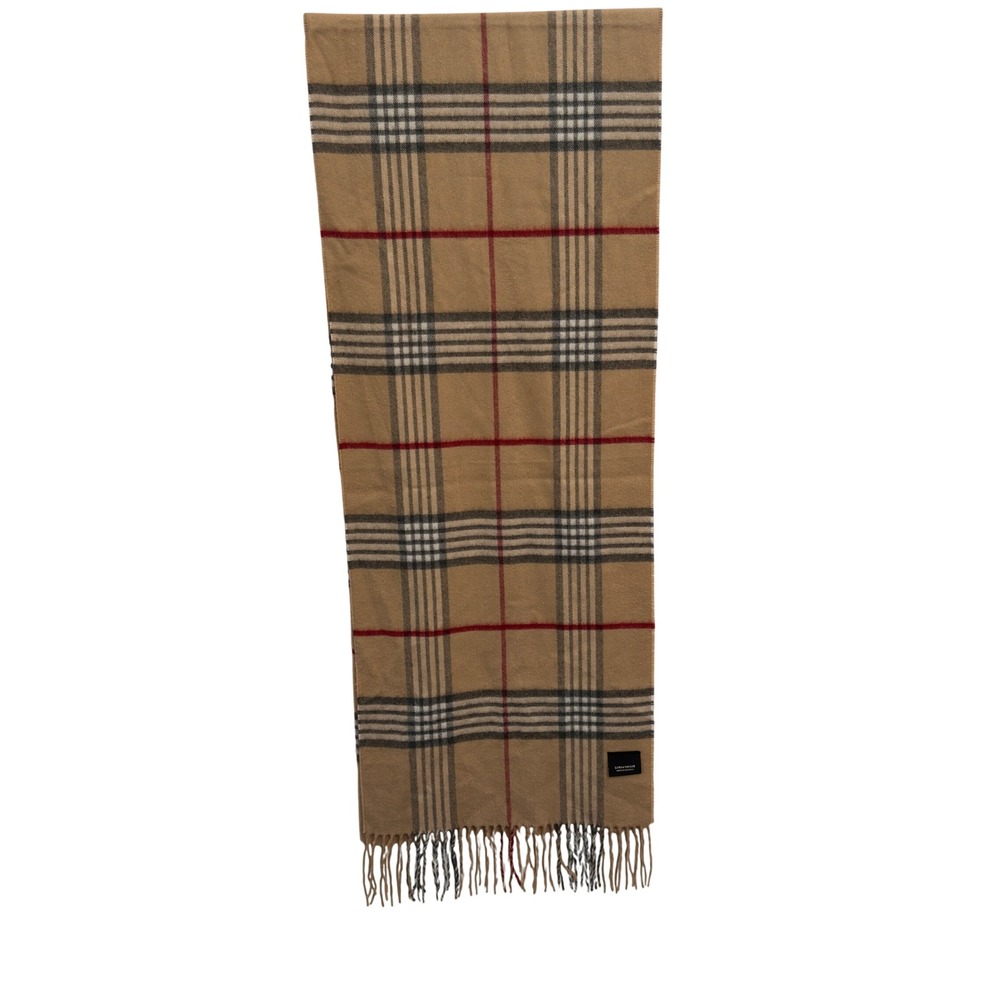 Lord & Taylor Scarf Tan Plaid Check Made in Germany Fringed Winter Wrap Shawl